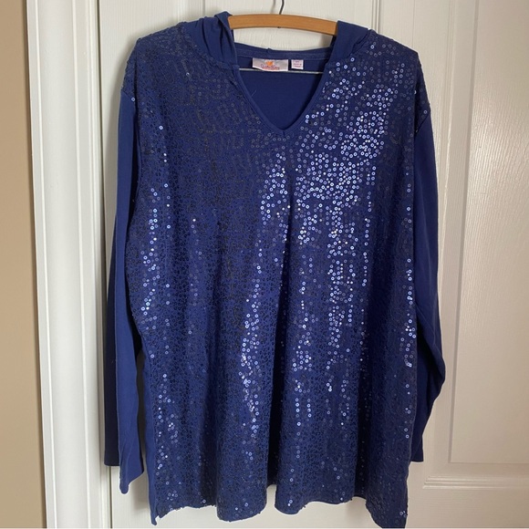 Y2K Quacker Factory Navy Blue Sequin V-Neck Hooded Top 2X Fall Vintage - Picture 1 of 6
